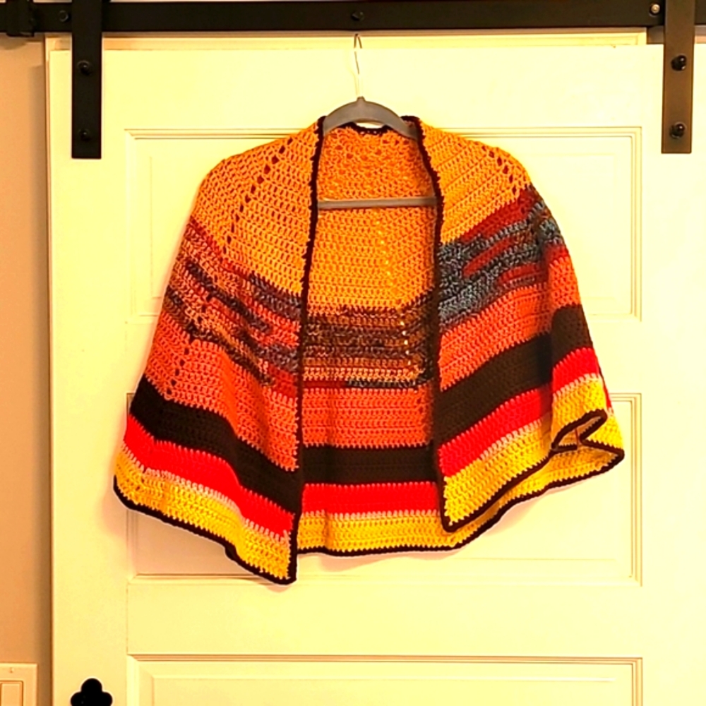 Original Hand Crafted Crochet Multicolor Cape Sweater Poncho BOHO festival XL***